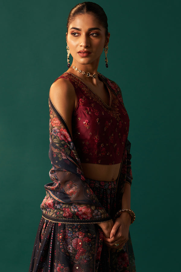 Maroon Floral Printed Sequined Chanderi Blouse with Navy Flared Skirt and Dupatta Set