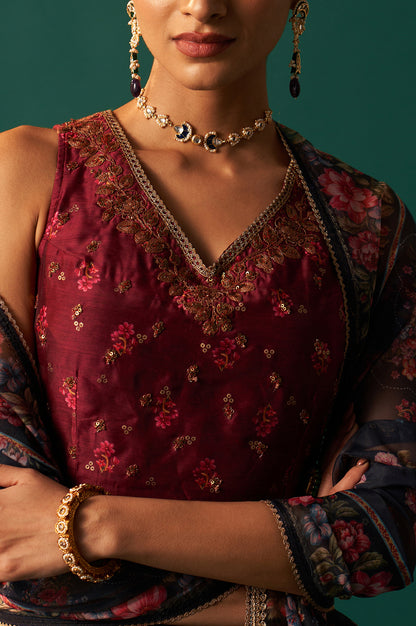 Maroon Floral Printed Sequined Chanderi Blouse with Navy Flared Skirt and Dupatta Set
