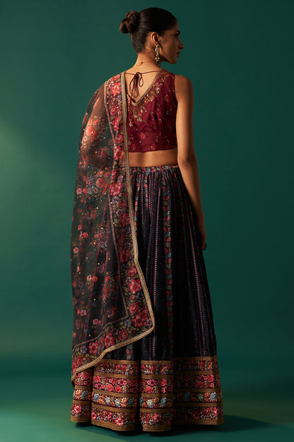 Maroon Floral Printed Sequined Chanderi Blouse with Navy Flared Skirt and Dupatta Set
