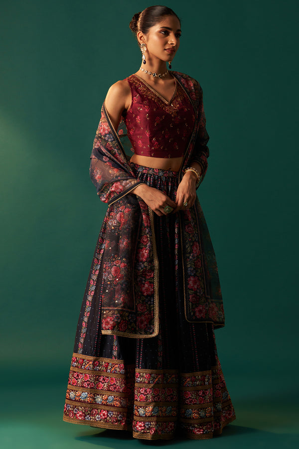 Maroon Floral Printed Sequined Chanderi Blouse with Navy Flared Skirt and Dupatta Set