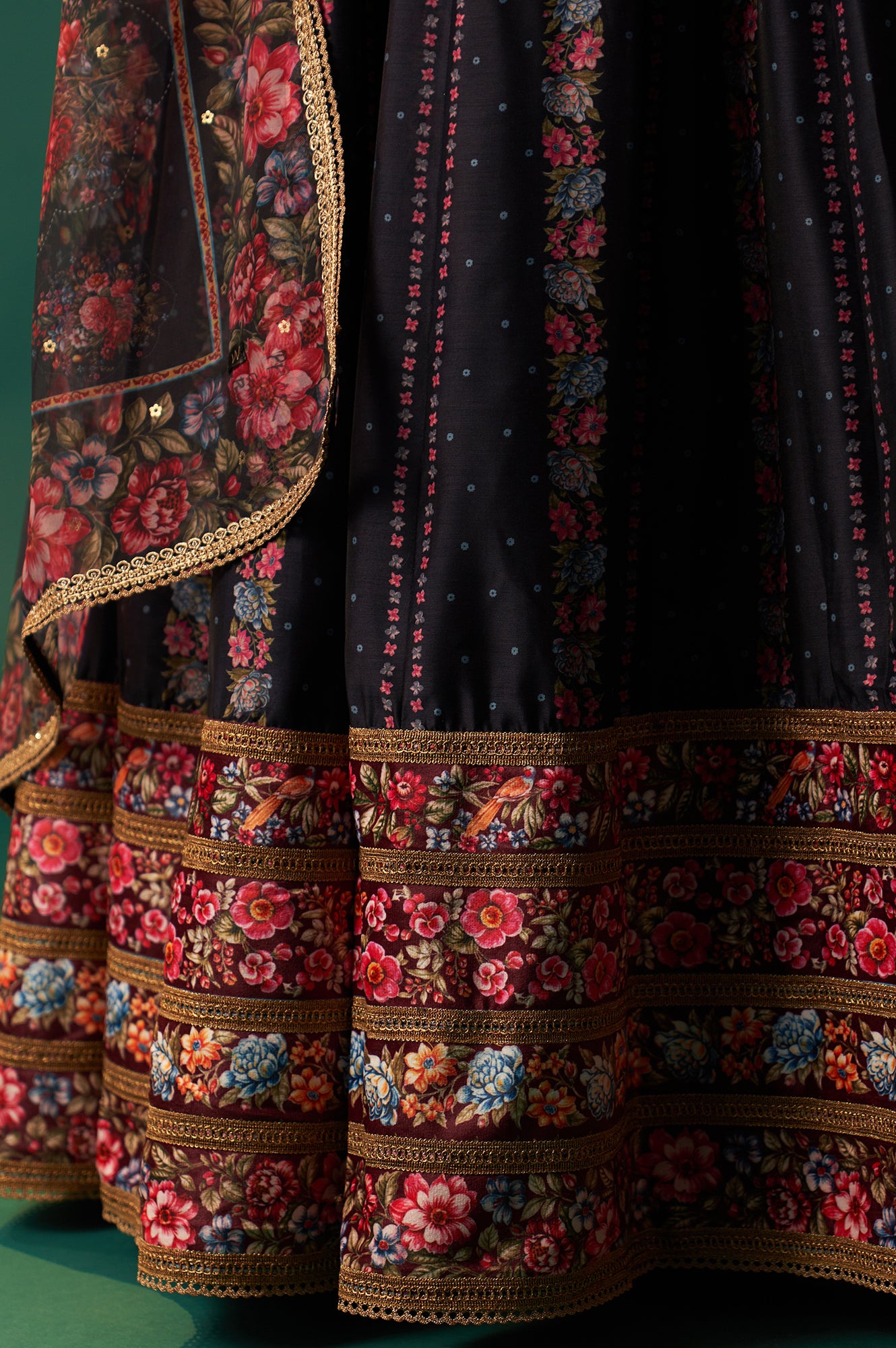 Maroon Floral Printed Sequined Chanderi Blouse with Navy Flared Skirt and Dupatta Set