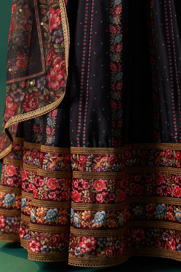 Maroon Floral Printed Sequined Chanderi Blouse with Navy Flared Skirt and Dupatta Set