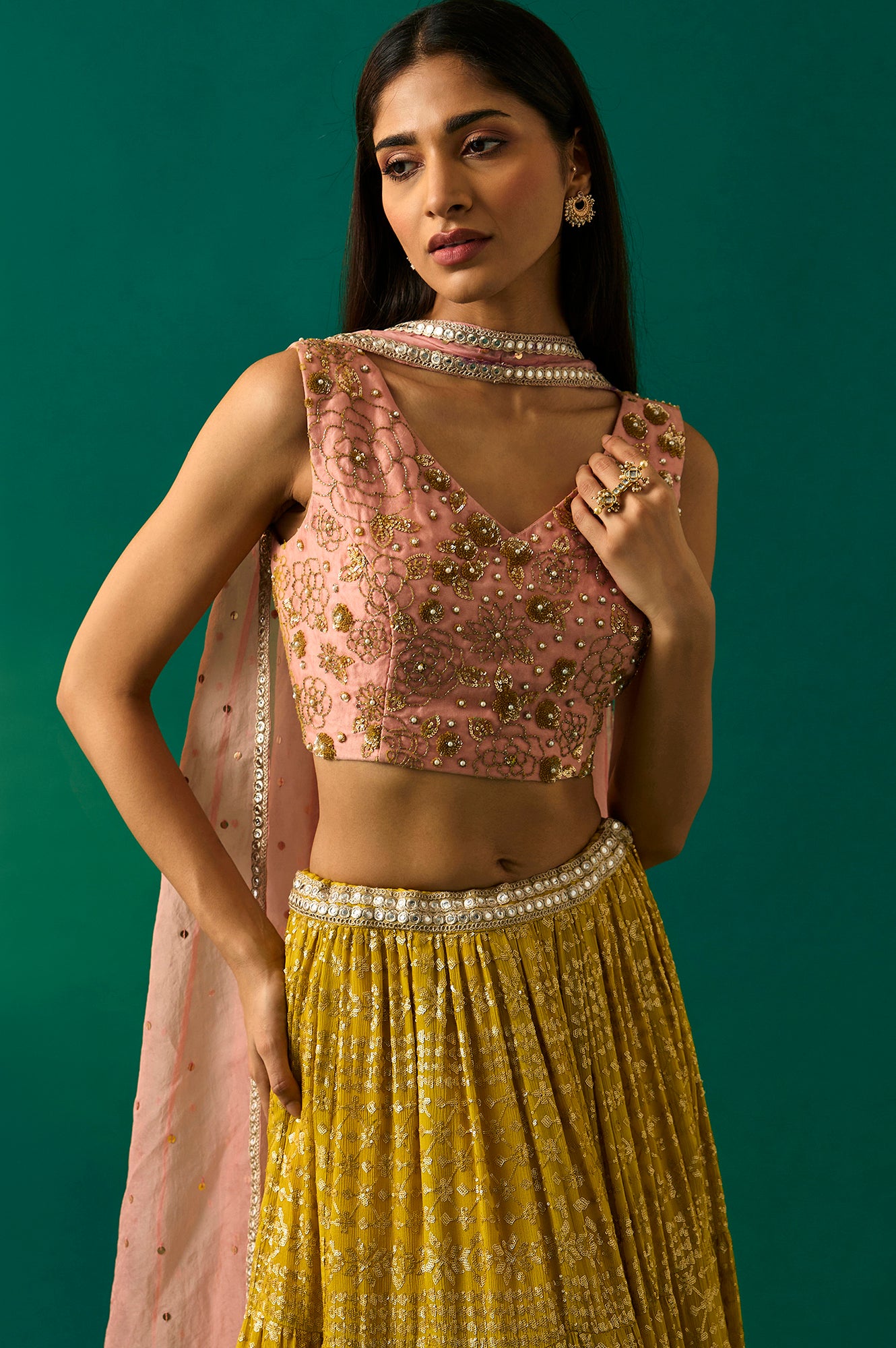 Pink Embroidered Straight Cut Blouse with Skirt and Dupatta Set