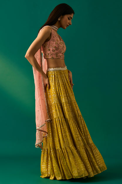 Pink Embroidered Straight Cut Blouse with Skirt and Dupatta Set