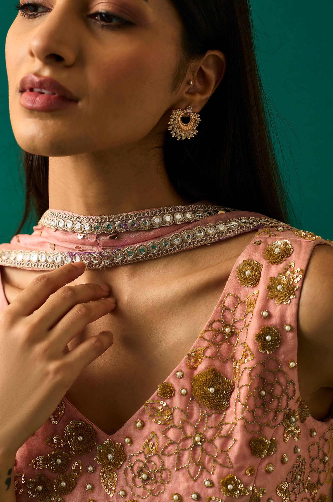 Pink Embroidered Straight Cut Blouse with Skirt and Dupatta Set