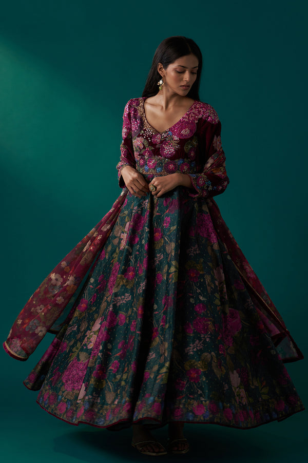 Green Floral Printed Sequined Yoke Festive Anarkali Dress with Churidar and Dupatta Set