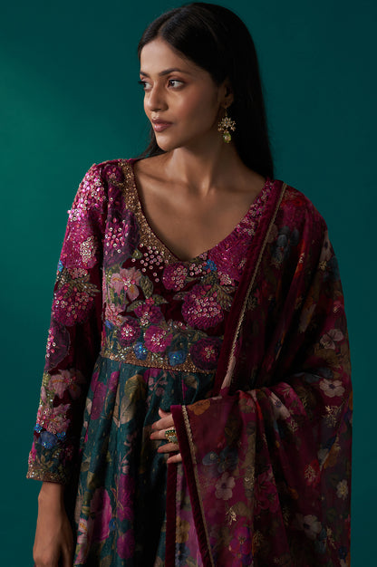 Green Floral Printed Sequined Yoke Festive Anarkali Dress with Churidar and Dupatta Set