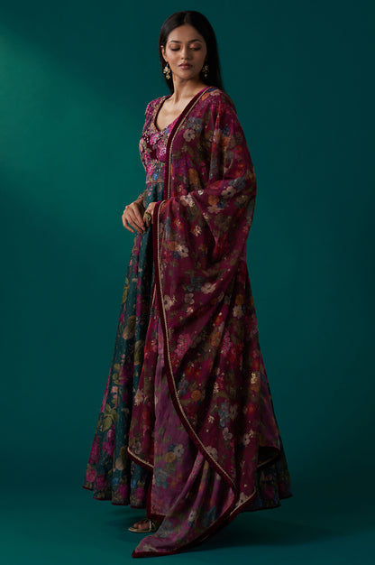 Green Floral Printed Sequined Yoke Festive Anarkali Dress with Churidar and Dupatta Set