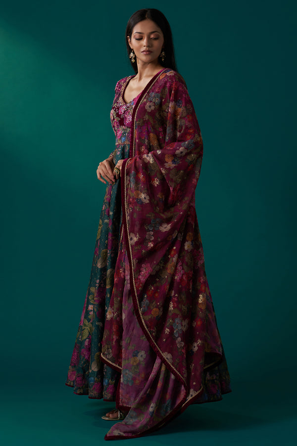 Green Floral Printed Sequined Yoke Festive Anarkali Dress with Churidar and Dupatta Set