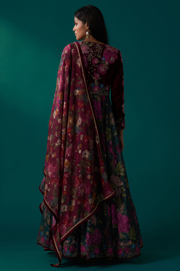 Green Floral Printed Sequined Yoke Festive Anarkali Dress with Churidar and Dupatta Set