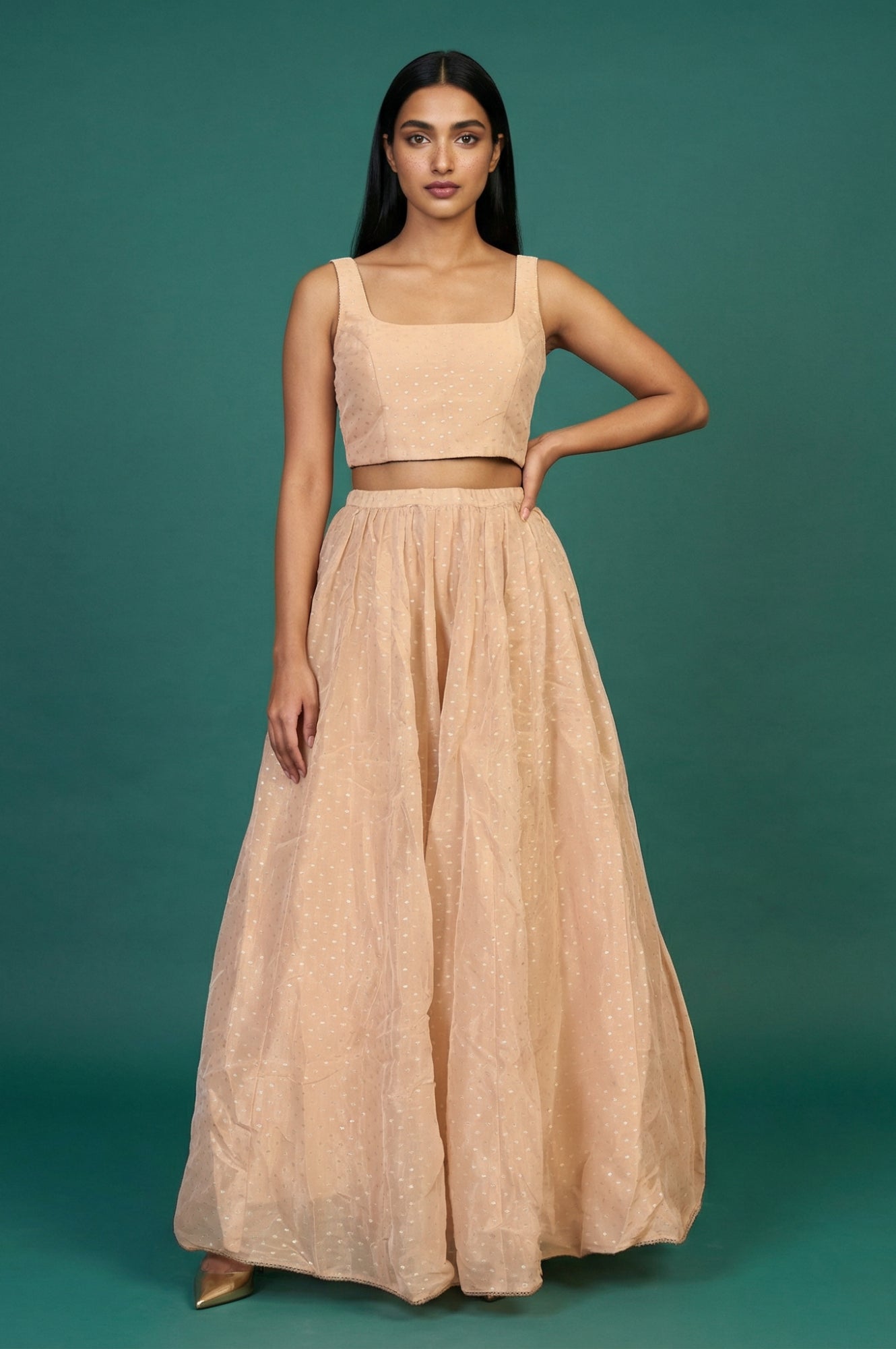 Peach Zari Embroidered Flared Top with Jacket and Skirt Set