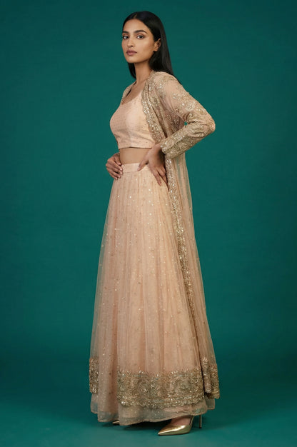 Peach Zari Embroidered Flared Top with Jacket and Skirt Set