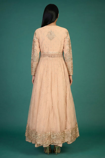 Peach Zari Embroidered Flared Top with Jacket and Skirt Set