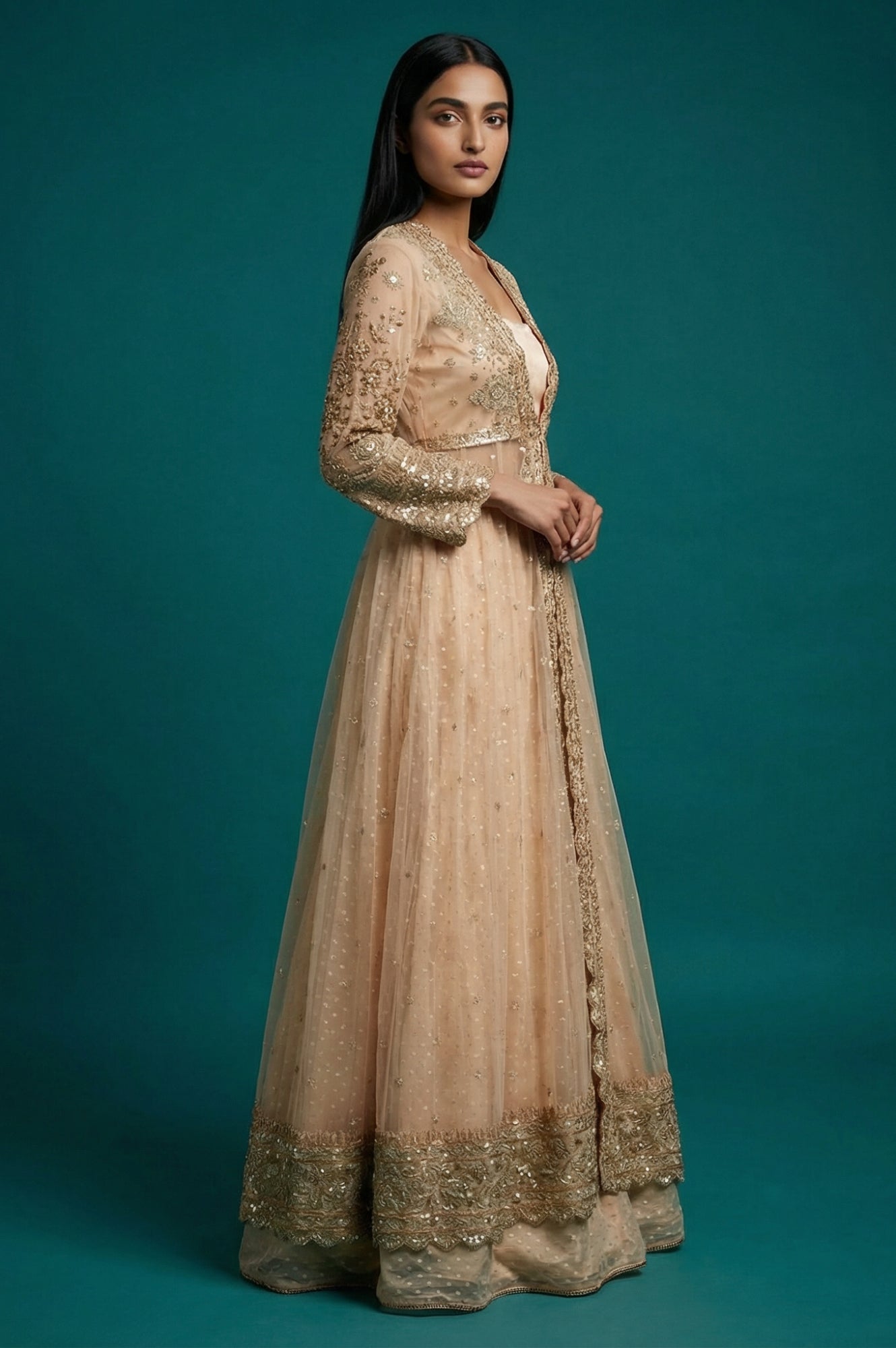 Peach Zari Embroidered Flared Top with Jacket and Skirt Set