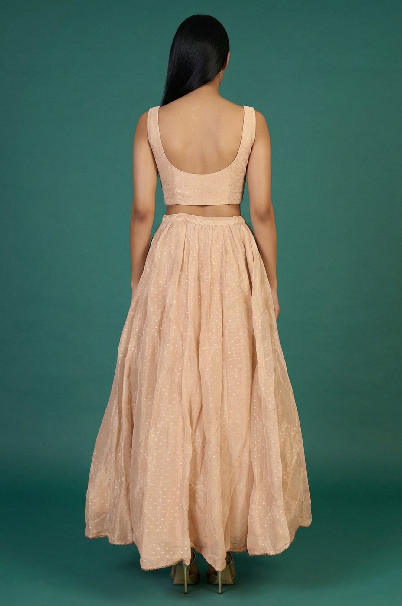 Peach Zari Embroidered Flared Top with Jacket and Skirt Set