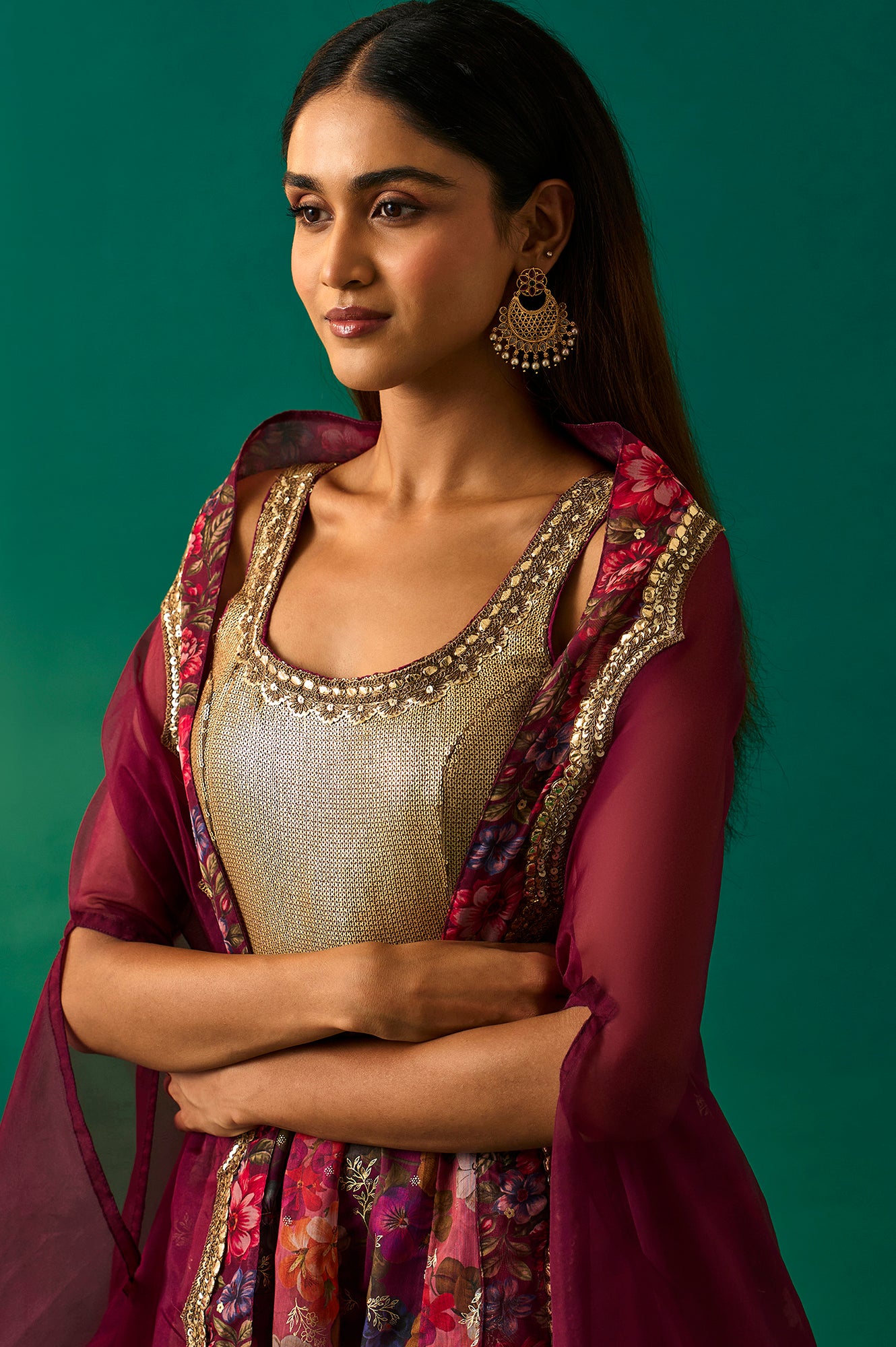 Maroon Floral Printed Embellished Anarkali Crepe Dress with Churidar and Cape Set