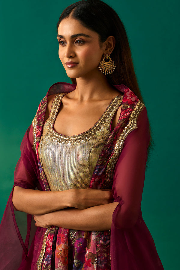 Maroon Floral Printed Embellished Anarkali Crepe Dress with Churidar and Cape Set