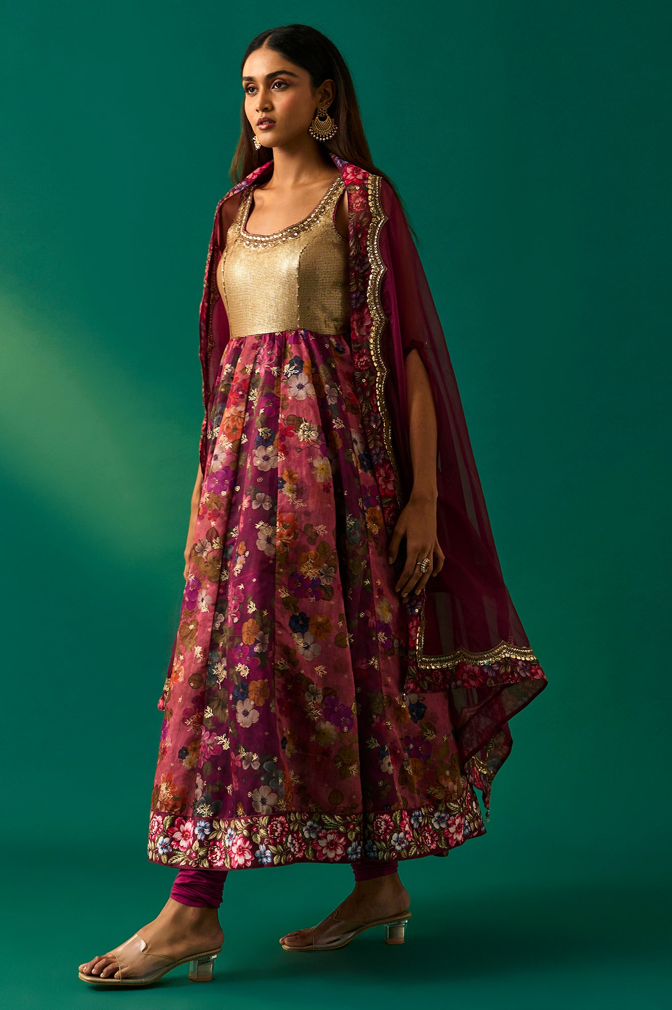Maroon Floral Printed Embellished Anarkali Crepe Dress with Churidar and Cape Set