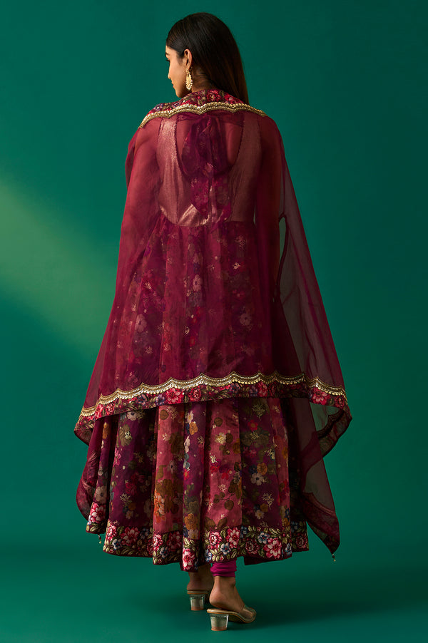 Maroon Floral Printed Embellished Anarkali Crepe Dress with Churidar and Cape Set