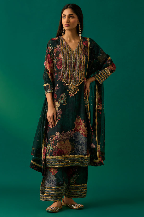 Green Floral Printed Embellished Straight Kurta with Salwar and Dupatta Set