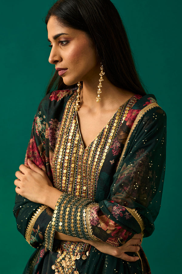 Green Floral Printed Embellished Straight Kurta with Salwar and Dupatta Set