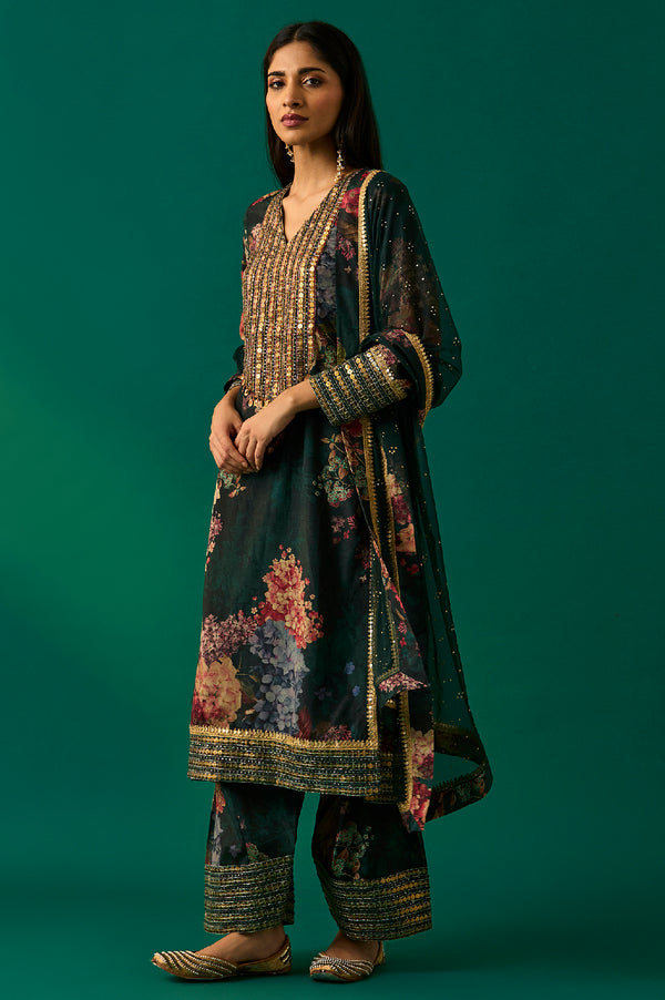 Green Floral Printed Embellished Straight Kurta with Salwar and Dupatta Set