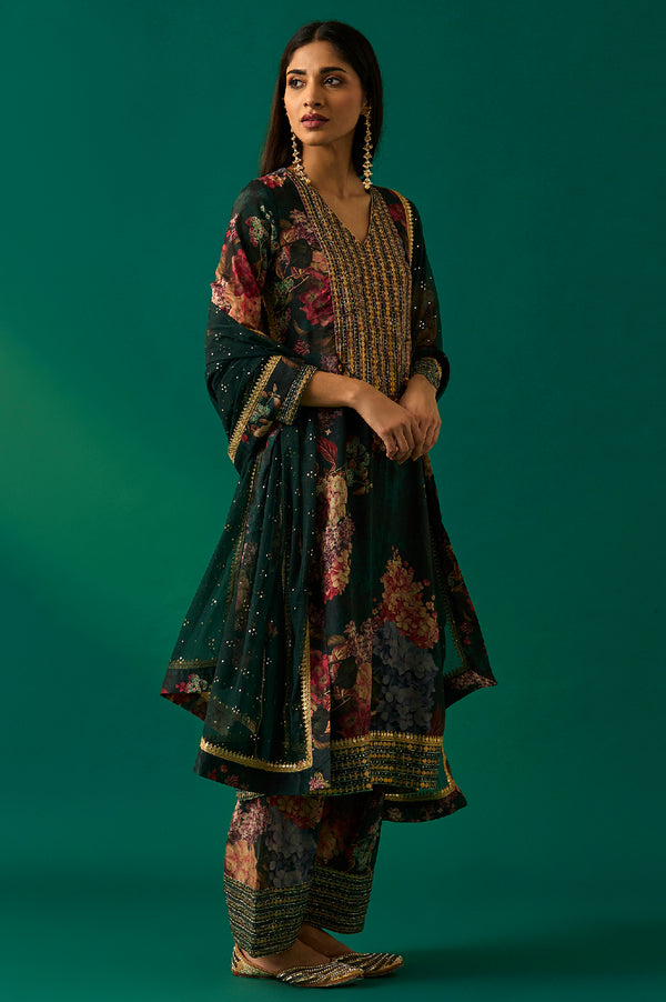 Green Floral Printed Embellished Straight Kurta with Salwar and Dupatta Set