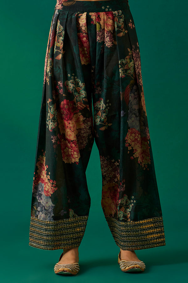 Green Floral Printed Embellished Straight Kurta with Salwar and Dupatta Set