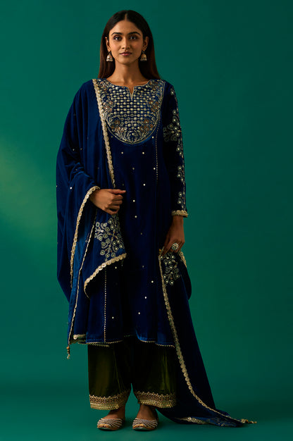 Blue Embroidered Anarkali Velvet Kurta with Salwar and Dupatta Set