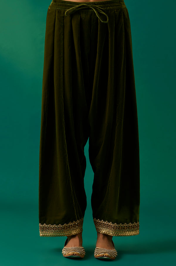 Blue Embroidered Anarkali Velvet Kurta with Salwar and Dupatta Set