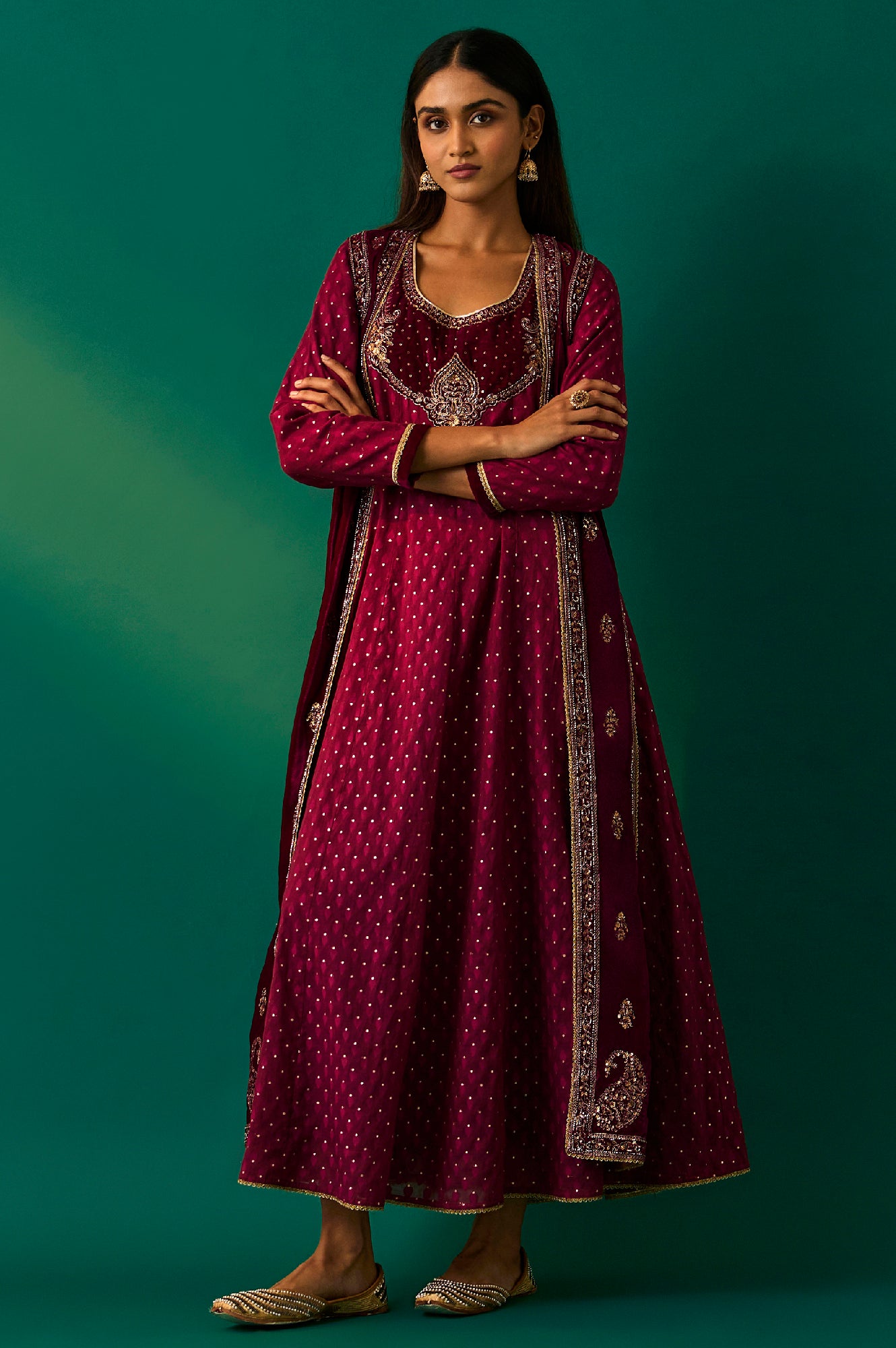 Maroon Embroidered Anarkali Georgette Gilet with Dress and Churidar Set