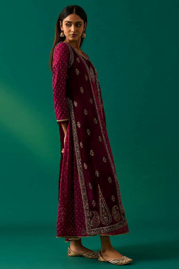 Maroon Embroidered Anarkali Georgette Gilet with Dress and Churidar Set