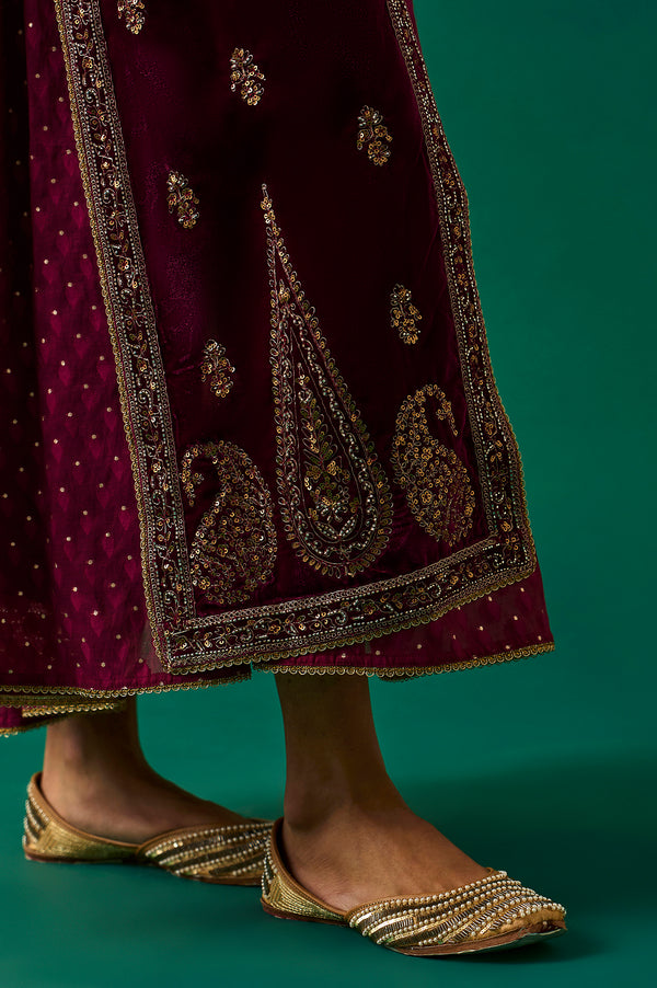 Maroon Embroidered Anarkali Georgette Gilet with Dress and Churidar Set