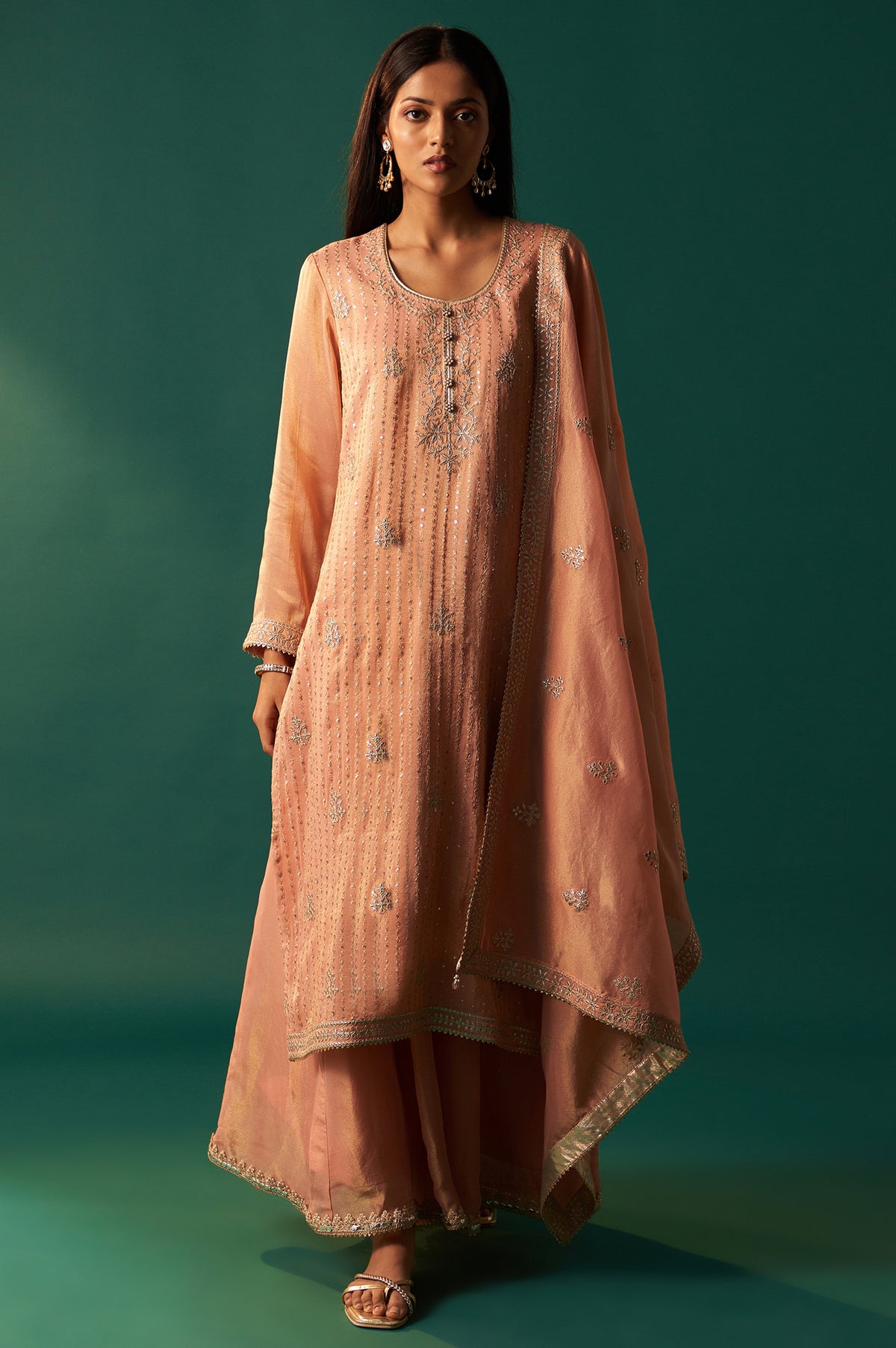 Pink Dori Embroidered Straight Tissue Organza Kurta with Culotte and Dupatta Set - S