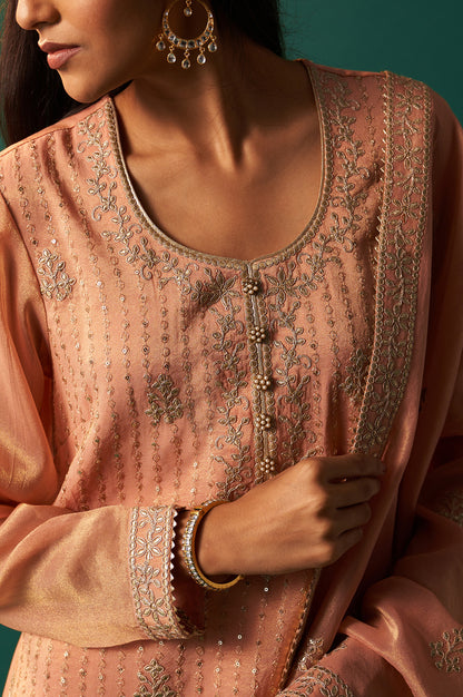 Pink Dori Embroidered Straight Tissue Organza Kurta with Culotte and Dupatta Set