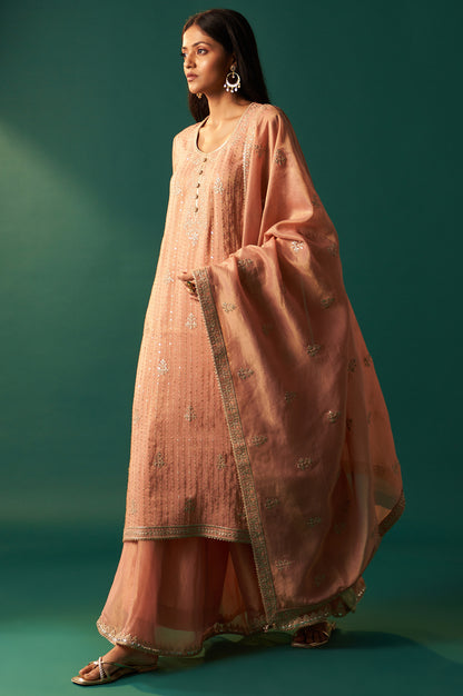 Pink Dori Embroidered Straight Tissue Organza Kurta with Culotte and Dupatta Set