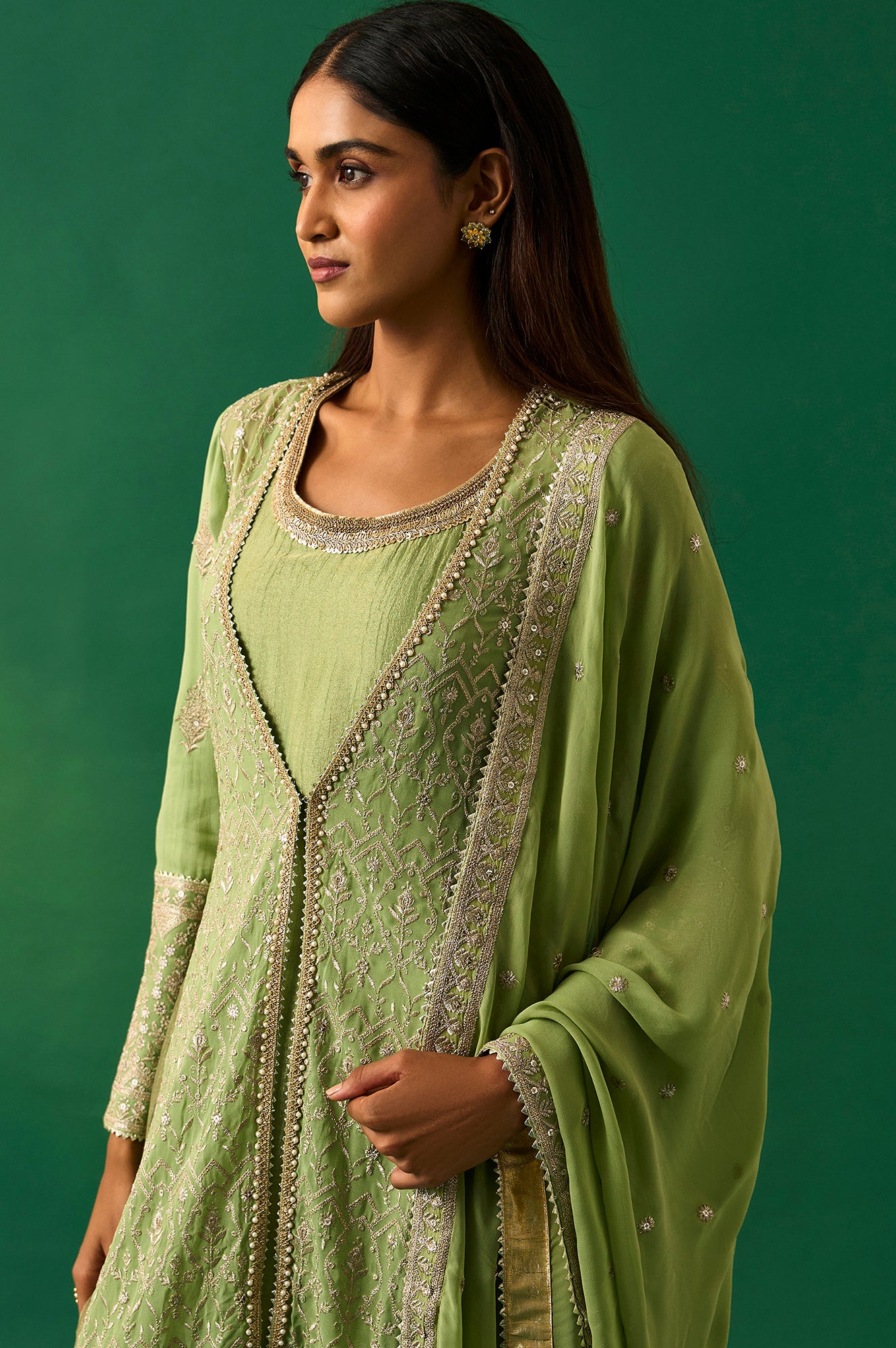 Green Embroidered Anarkali Dress with Churidar and Dupatta Set