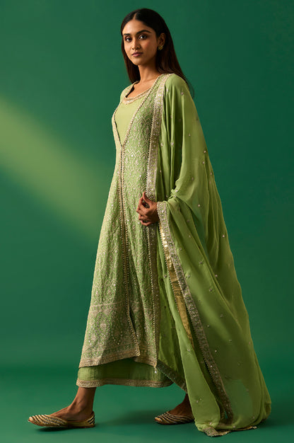 Green Embroidered Anarkali Dress with Churidar and Dupatta Set