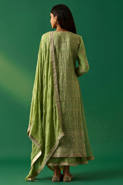 Green Embroidered Anarkali Dress with Churidar and Dupatta Set