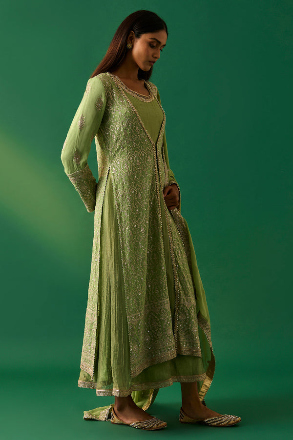 Green Embroidered Anarkali Dress with Churidar and Dupatta Set