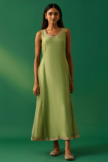 Green Embroidered Anarkali Dress with Churidar and Dupatta Set