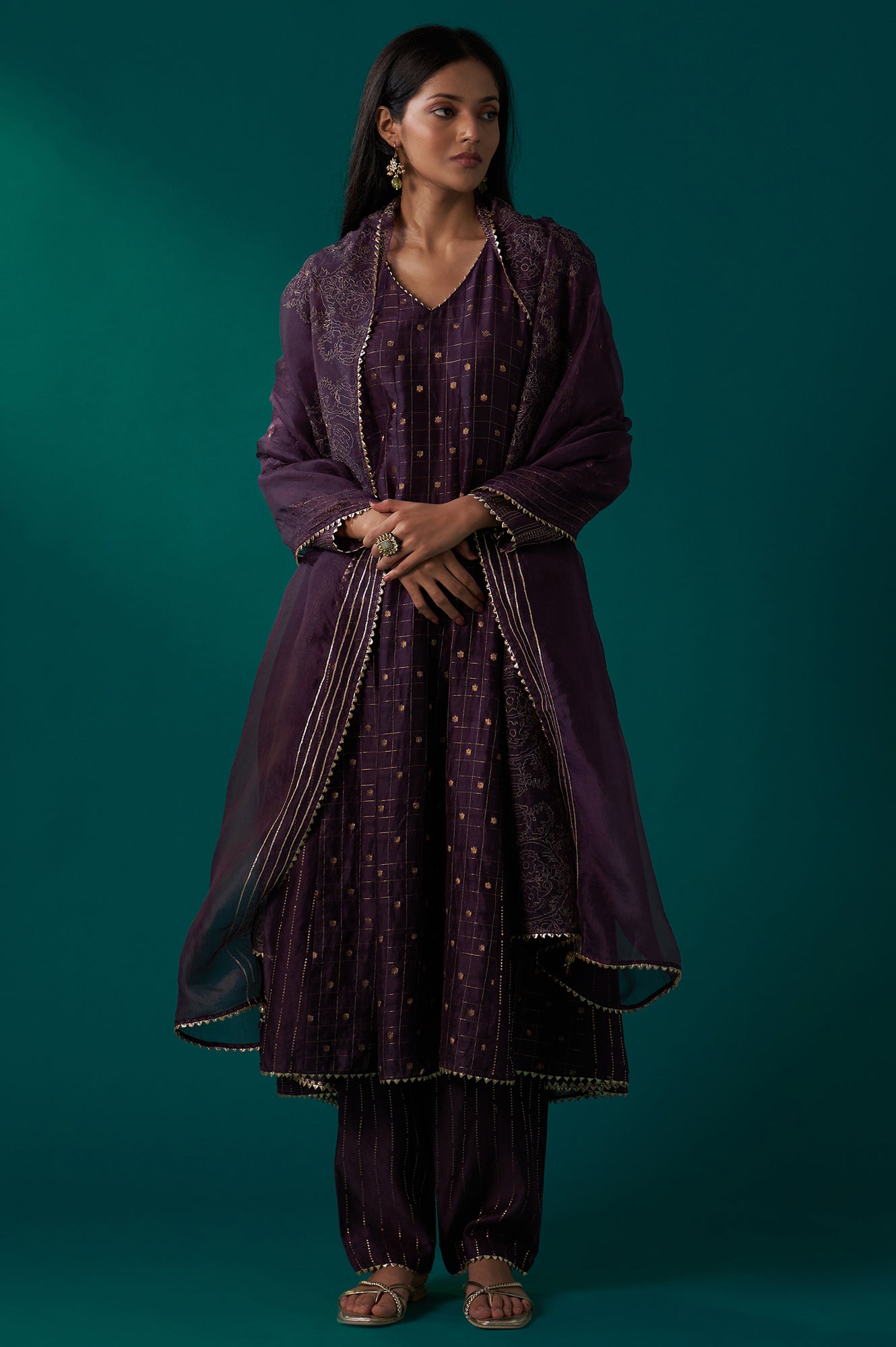 Purple Embellished Dotted Jacquard Flared Kurta with Pants and Dupatta Set