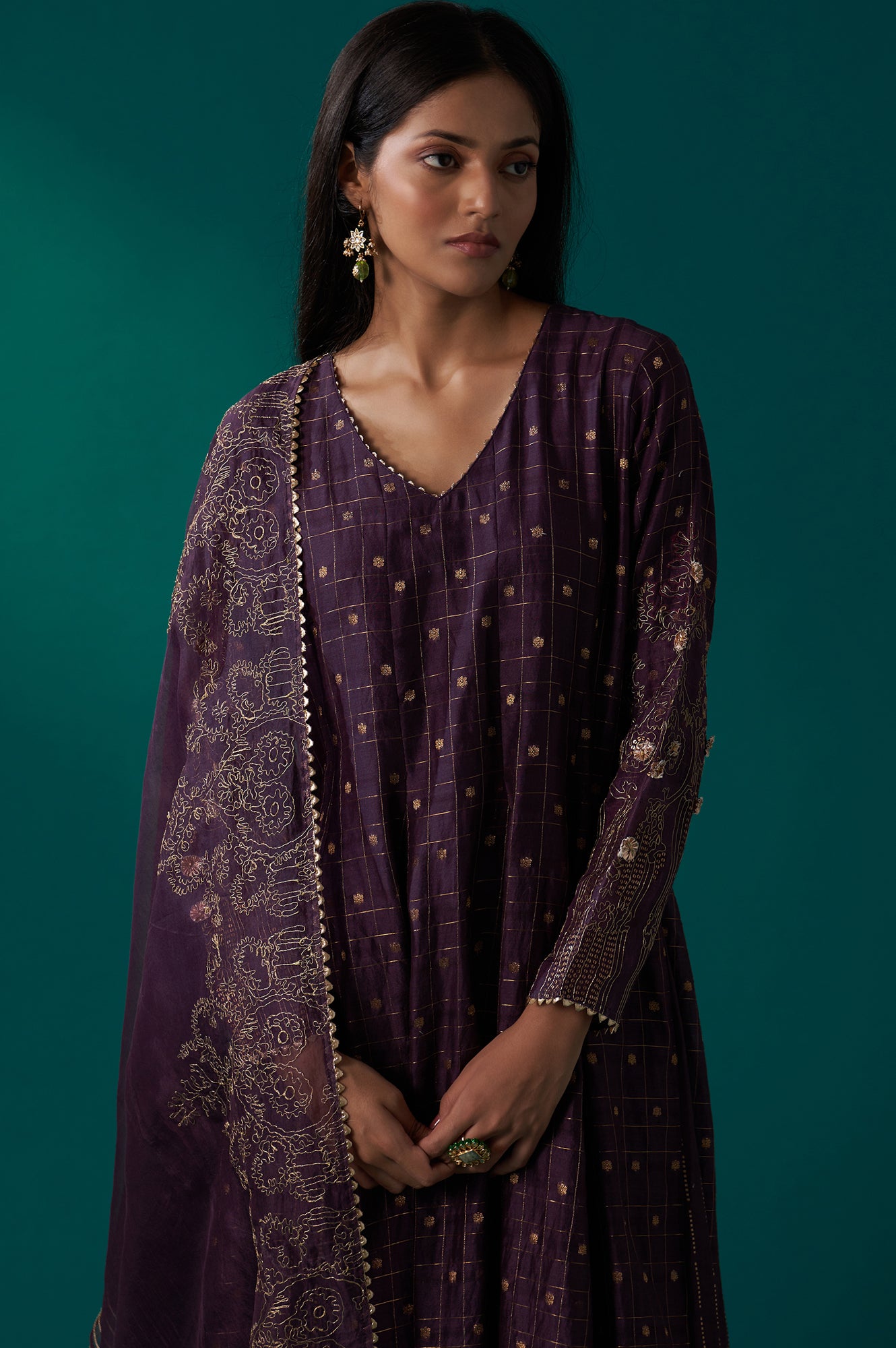 Purple Embellished Dotted Jacquard Flared Kurta with Pants and Dupatta Set