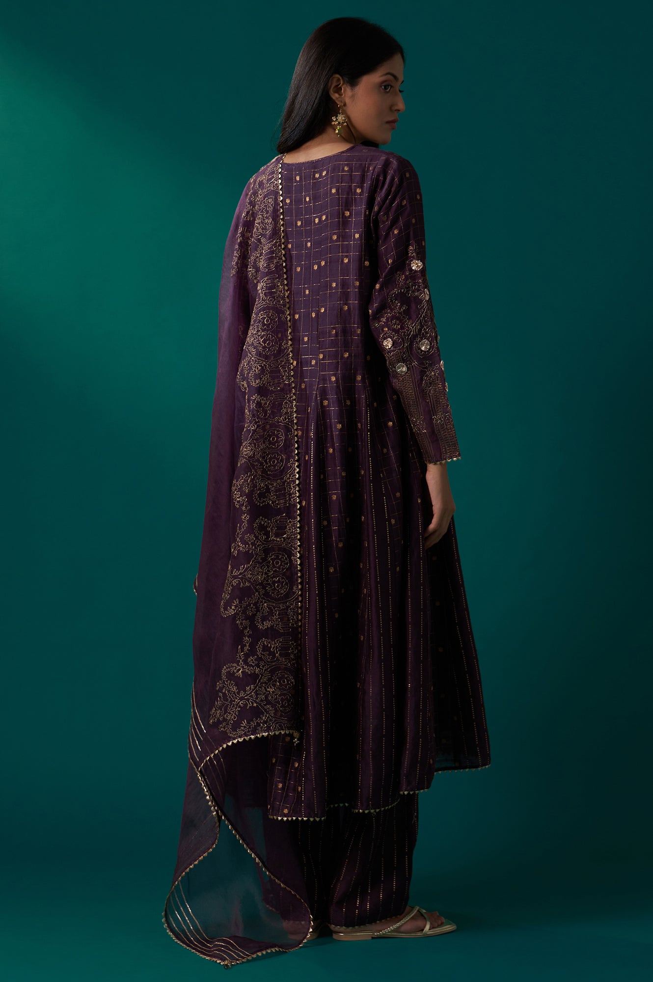Purple Embellished Dotted Jacquard Flared Kurta with Pants and Dupatta Set