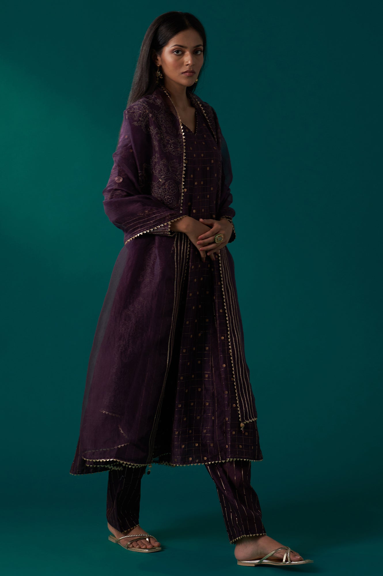 Purple Embellished Dotted Jacquard Flared Kurta with Pants and Dupatta Set