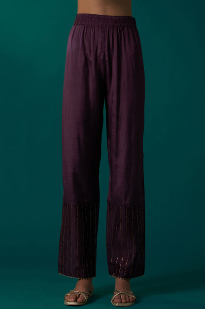 Purple Embellished Dotted Jacquard Flared Kurta with Pants and Dupatta Set