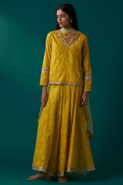 Yellow Embroidered Jacquard Straight Short Kurta with Culotte and Dupatta Set