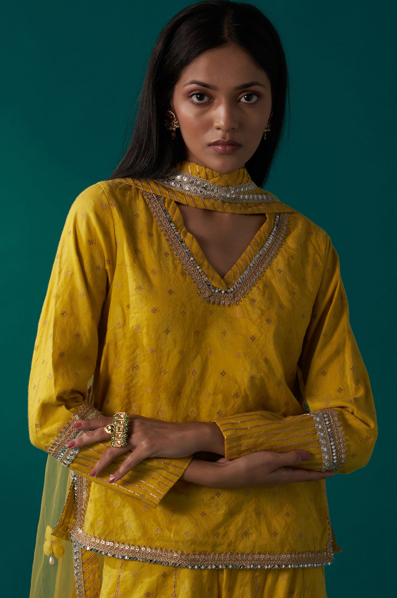 Yellow Embroidered Jacquard Straight Short Kurta with Culotte and Dupatta Set