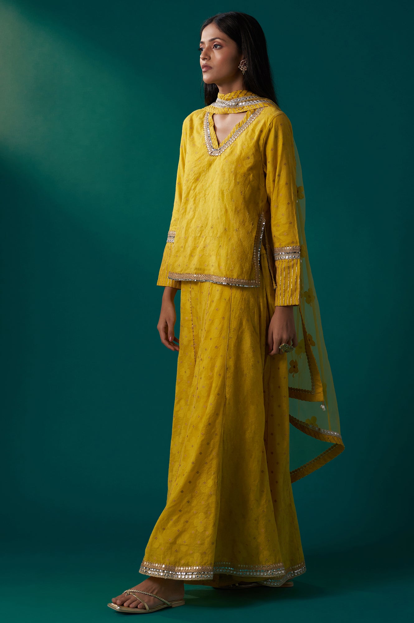 Yellow Embroidered Jacquard Straight Short Kurta with Culotte and Dupatta Set