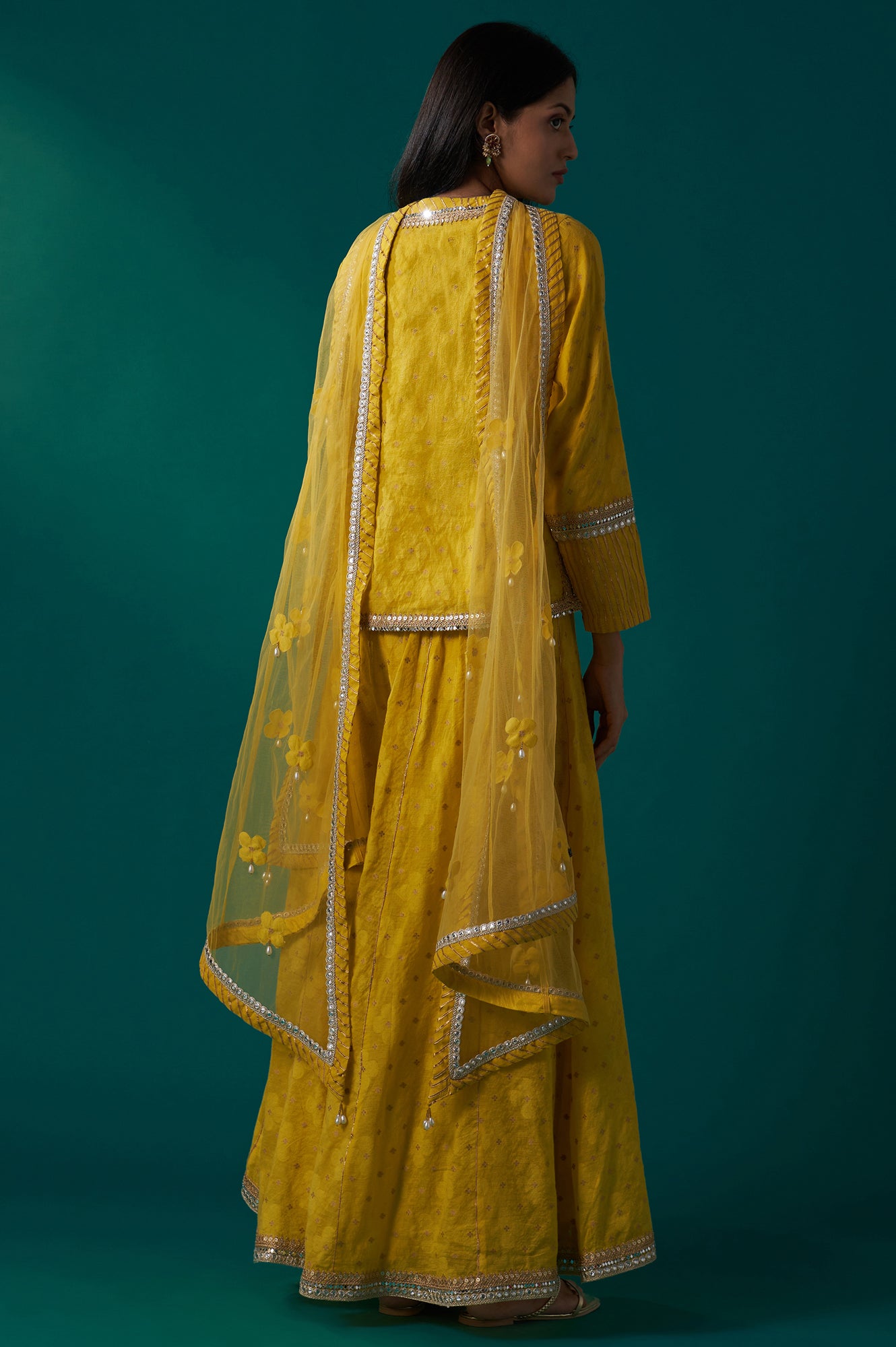 Yellow Embroidered Jacquard Straight Short Kurta with Culotte and Dupatta Set